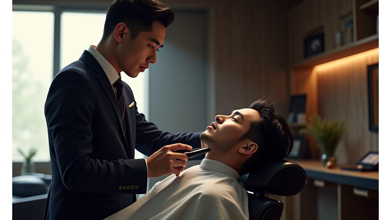 バーバーショップの精巧な内装と熟練のバーバーが顧客を迎える様子