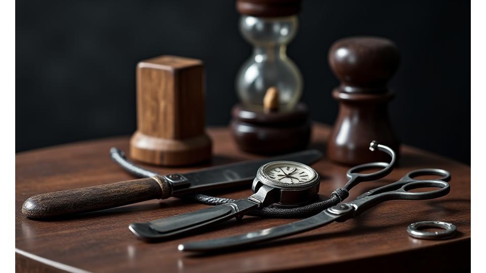 時間の経過を象徴する時計とバーバーツールの写真