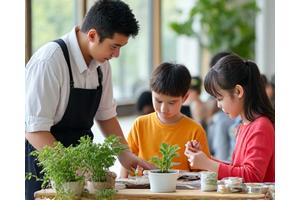 子供たちが環境教育ワークショップで、植物の栽培について学んでいる様子