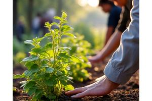 地域緑化プロジェクトで、人々が共に若い木を植えている活動の様子。