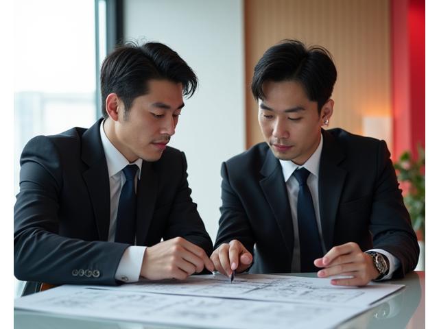 ビジネスコンサルタントがフランチャイズオーナーをサポートしている様子。資料を指差しながら話し合っている。