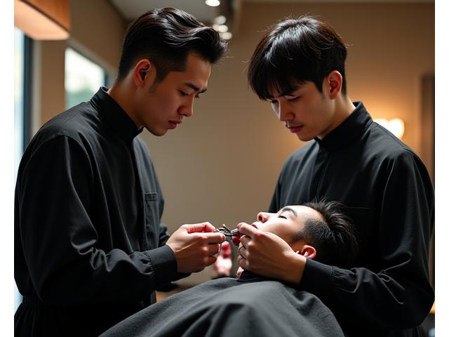 バーバーの研修風景。熟練の理容師が若い研修生に剃刀の技術を指導している。