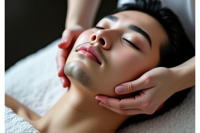 日本人エステティシャンが、男性の顔にリンパマッサージを施しているクローズアップ。指圧のテクニックが強調されている。