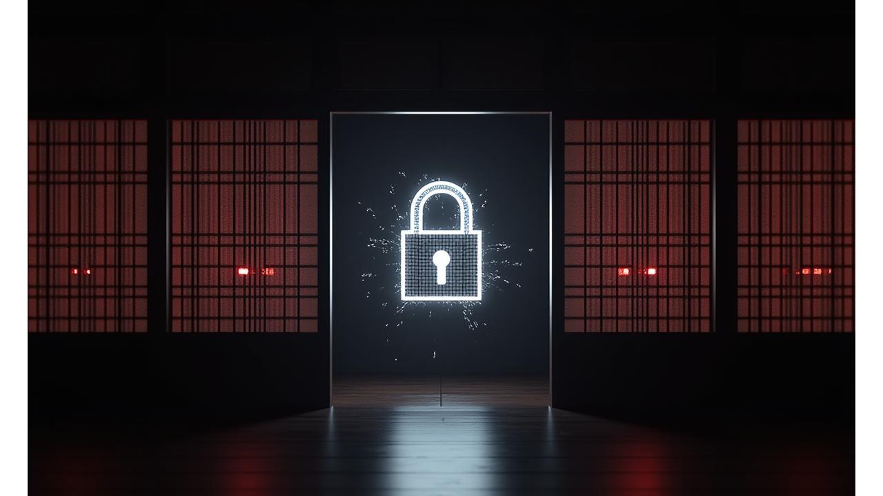 データの安全性を象徴する日本の障子とデジタルロックの融合デザイン