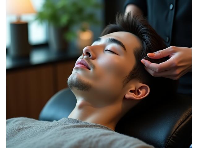 男性がフェイシャルスパを受けているリラックスした様子