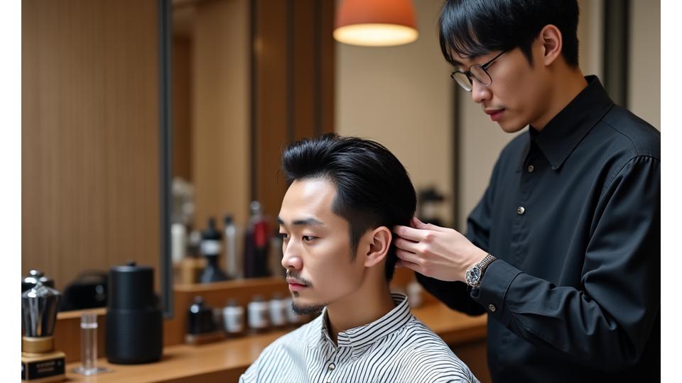 バーバーで身だしなみを整える男性と、整然とした空間