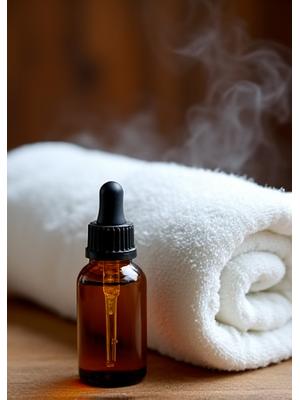 小さな琥珀色の瓶に入ったエッセンシャルオイルと、温かい蒸気を立てる白いタオル。アロマとリラクゼーションの雰囲気を連想させる。